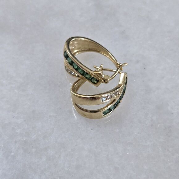 Estate 14K Yellow Gold Emerald Huggie Earrings - Picture 6 of 12